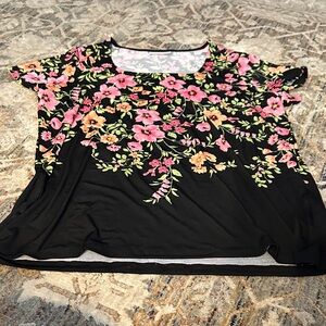Susan Graver Black Top with Pink Floral Design - NWOT